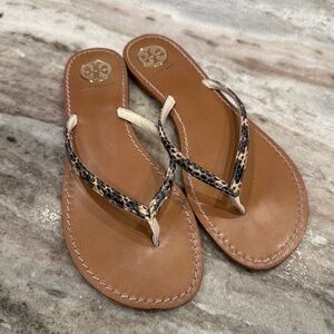 Tory Burch Leather Flip-Flops • Tan w/ Snake-Print Straps • Size 8